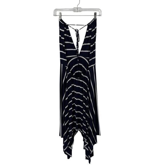 Elan Beach String Halter Dress medium Navy Blue Striped Asymmetrical Hem Midi - Picture 4 of 11